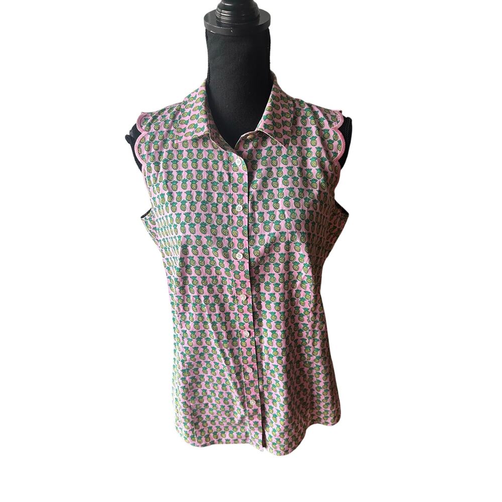 Talbots XL Dancing Pineapples Pink Scalloped Sleeveless Button‑Up Shirt 10